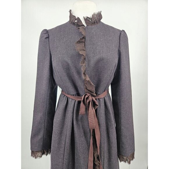 Rebecca Taylor Wool Duster Coat Womens 4 Long Brown Jacket Lace Tie Front - Picture 2 of 10